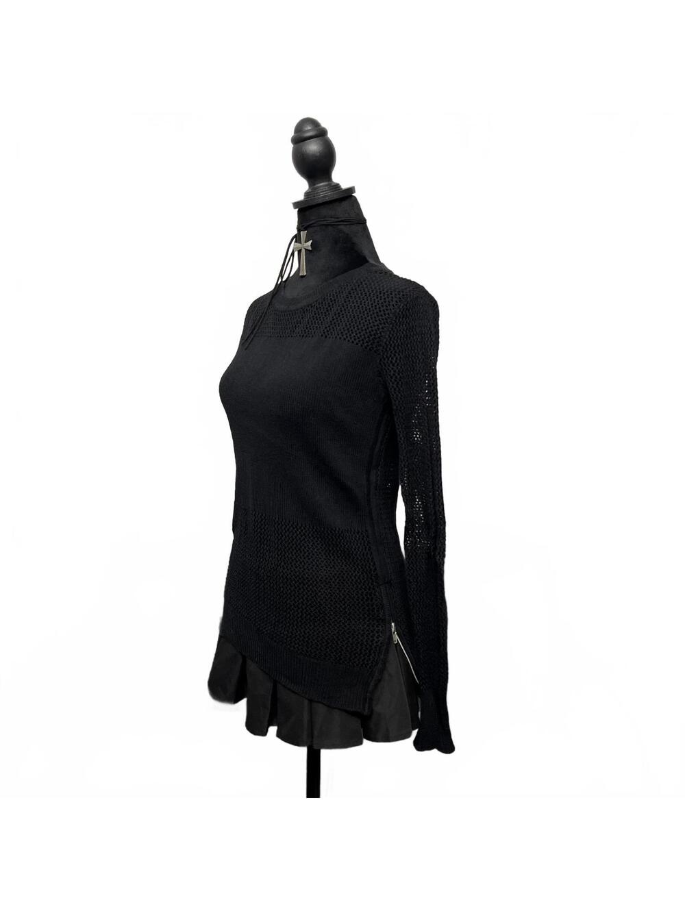 Y2K Pentagone Sz XS Black Open Knit Long Sleeve Top W Side Zippers Grunge Goth